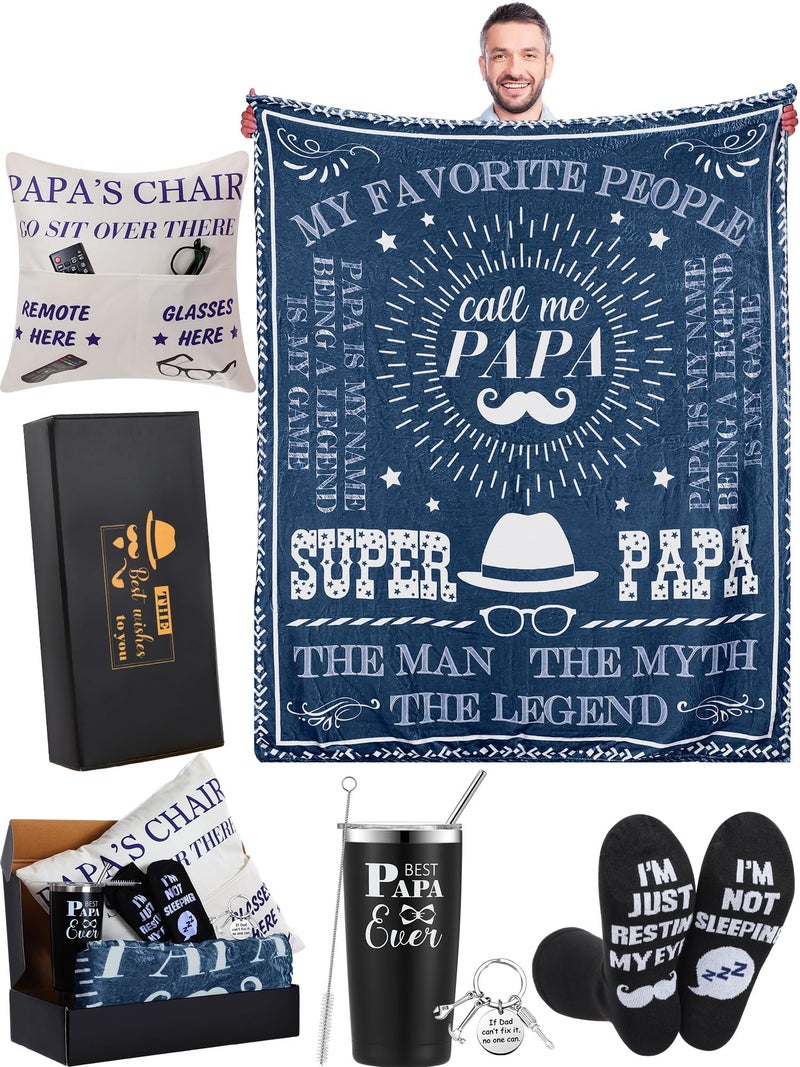 VitalCozy 6 Pcs Fathers Day Papa Grandpa Gift Men Present Include Papa Blanket Pillow Cover with Pocket Stainless Steel Tumbler with Lid Socks Keychain and Gift Box for Dad Best Grandpa Birthday - Image 2