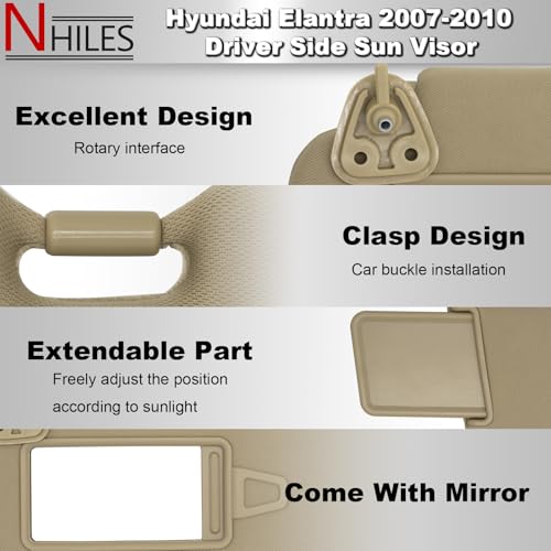 NHILES غطاء شمس الجانب الأيسر للسائق يناسب هيونداي إيلانtra 2007 2008 2009 2010 بديل غطاء الشمس 852012H1104W بيج - Image 3