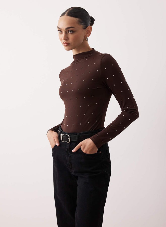trendyol Brown Troc Accessory Detail Fitted/Slim Fit Stand Collar Stretch Knitted Blouse - Image 2