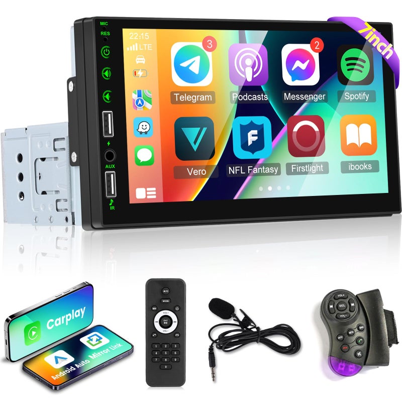 NHOPEEW 7 inch HD Single Din Touchscreen Car Stereo - Carplay and Android Auto, 1 Din Car Radio with Bluetooth, Mirror Link, FM Radio, Steering Wheel Control + Microphone - Image 1