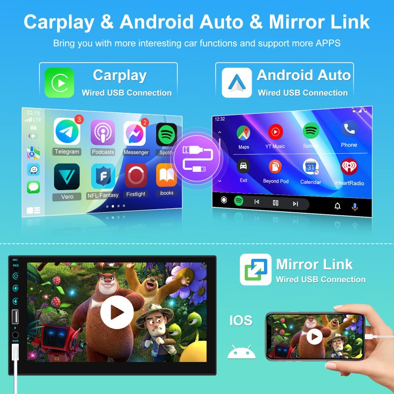 NHOPEEW 7 inch HD Single Din Touchscreen Car Stereo - Carplay and Android Auto, 1 Din Car Radio with Bluetooth, Mirror Link, FM Radio, Steering Wheel Control + Microphone - Image 3