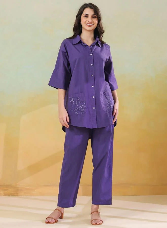 sanskrutihomes Purple Cotton Longline Shirt and Pants Co-ord Set