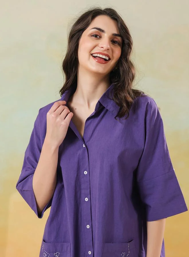 sanskrutihomes Purple Cotton Longline Shirt and Pants Co-ord Set