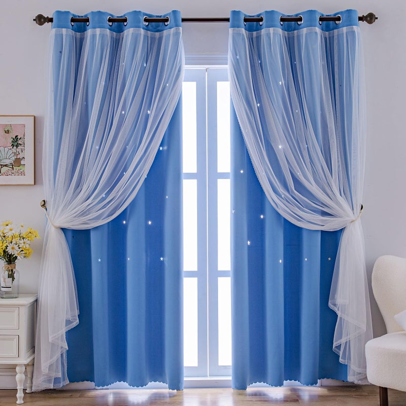 indistar Star Cutout Kids Window Blackout Curtains for Girl Bedroom Window Room Darkening Curtains & Drapes Baby Nursery Curtains (2 Panel,52Wx63L inch,Blue) - Image 1