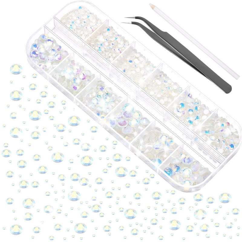 2000 Pieces Flat Back Gems Rhinestones 6 Sizes 156 Mm Round Crystal Rhinestones with Pick up Tweezer and Rhinestones Picking Pen for Crafts Nail Clothes Shoes Bags DIY Art White