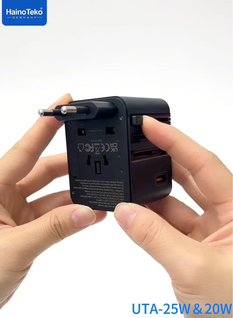 Haino Teko UTA-25W Universal Travel Adapter, 25W Fast Charging with Multi-Region Compatibility, Multiple Output Options (USB-A, USB-C), Compact & Portable – Black. - Image 4