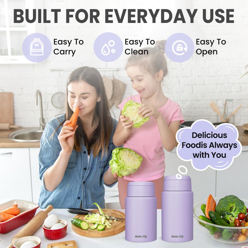 Bolu Fly 2 Pack Soup Thermo for Hot Food for Adults, Insulated Food Jar, Stainless Steel Vacuum Thermal Lunch Box Containers with Carry Bag and Spoon (18.5oz, 27oz) (Purple) - Image 4