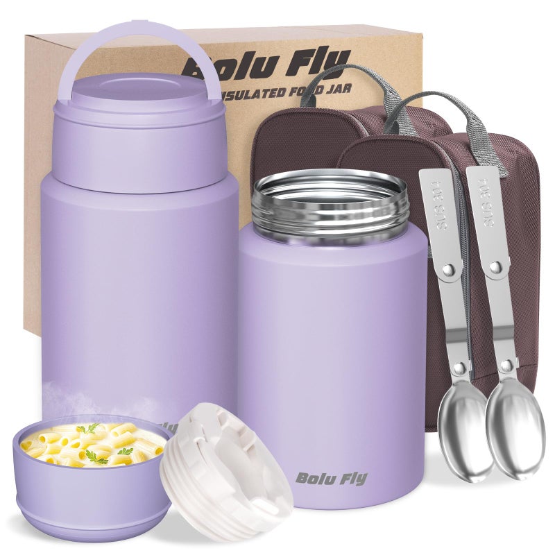 Bolu Fly 2 Pack Soup Thermo for Hot Food for Adults, Insulated Food Jar, Stainless Steel Vacuum Thermal Lunch Box Containers with Carry Bag and Spoon (18.5oz, 27oz) (Purple) - Image 1