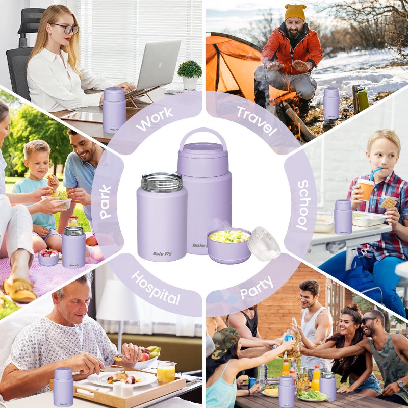 Bolu Fly 2 Pack Soup Thermo for Hot Food for Adults, Insulated Food Jar, Stainless Steel Vacuum Thermal Lunch Box Containers with Carry Bag and Spoon (18.5oz, 27oz) (Purple) - Image 3