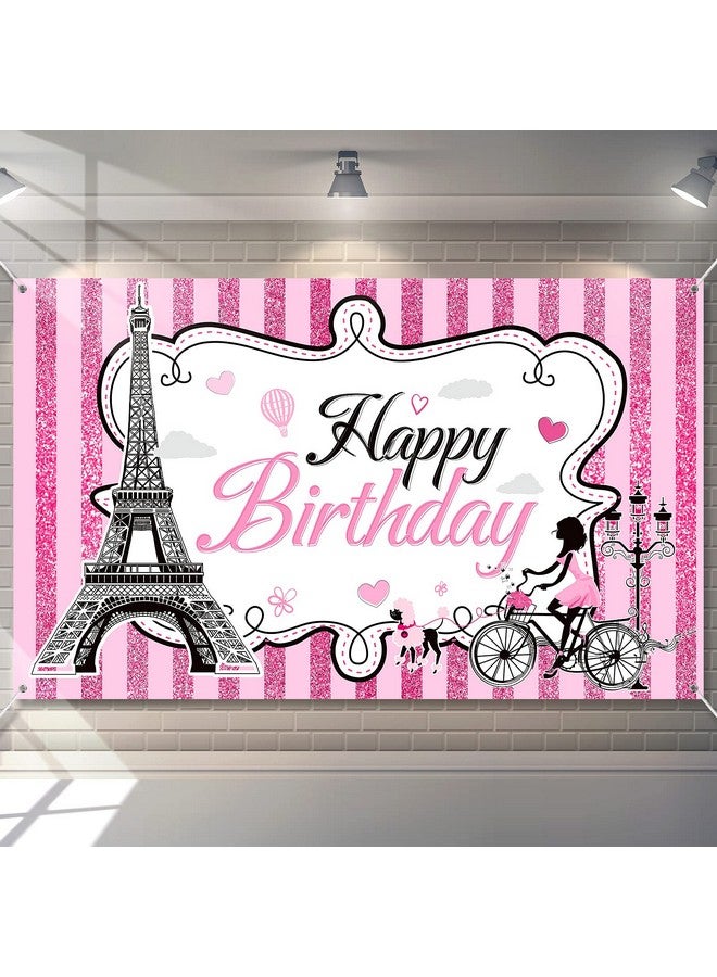 Tegeme Paris Happy Birthday Backdrop Eiffel Tower Photography Background Paris Party Decorations Sweet Pink Stripes Girl Birthday Party Supplies Party In Paris Dessert Table Decorations - Image 1