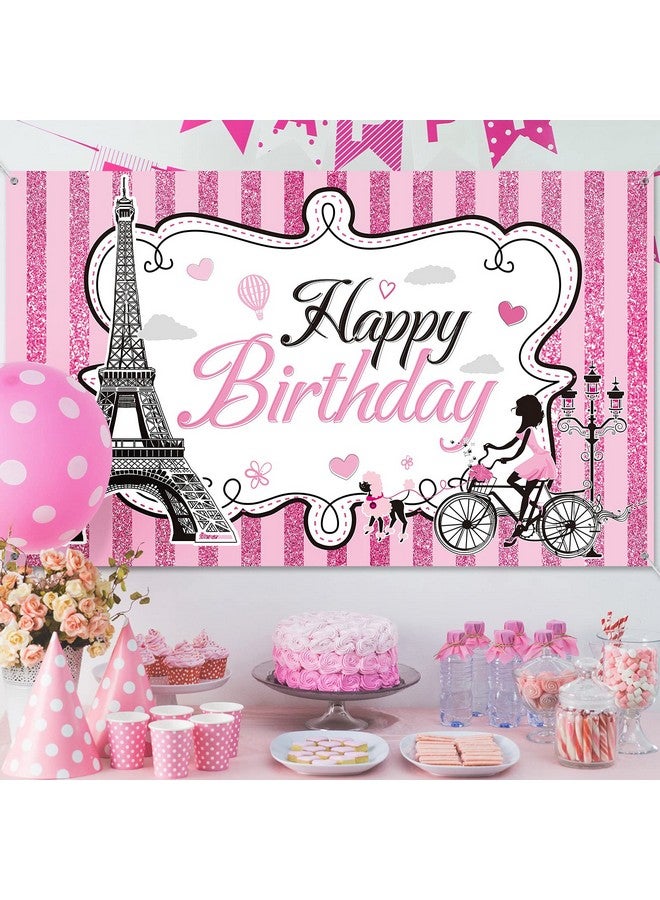 Tegeme Paris Happy Birthday Backdrop Eiffel Tower Photography Background Paris Party Decorations Sweet Pink Stripes Girl Birthday Party Supplies Party In Paris Dessert Table Decorations - Image 4