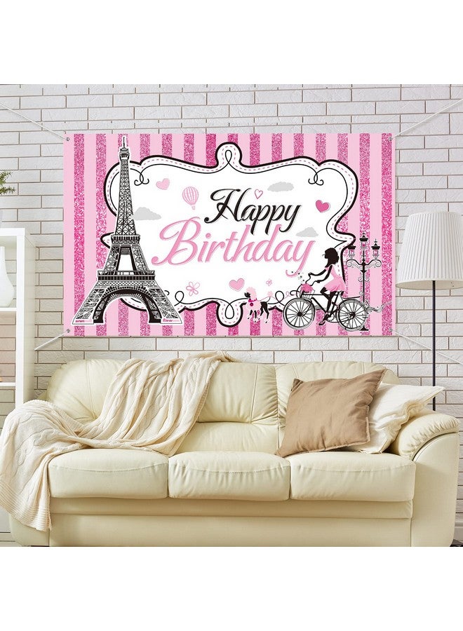 Tegeme Paris Happy Birthday Backdrop Eiffel Tower Photography Background Paris Party Decorations Sweet Pink Stripes Girl Birthday Party Supplies Party In Paris Dessert Table Decorations - Image 5