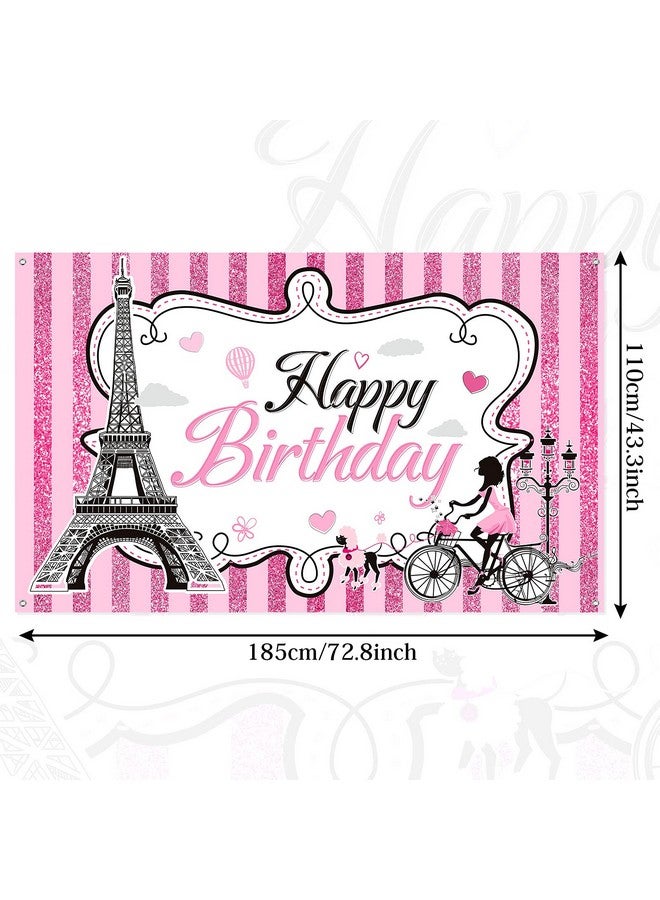 Tegeme Paris Happy Birthday Backdrop Eiffel Tower Photography Background Paris Party Decorations Sweet Pink Stripes Girl Birthday Party Supplies Party In Paris Dessert Table Decorations - Image 2