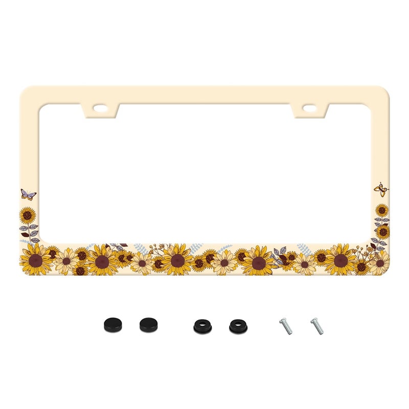UNINDREM Vintage Sunflower Pattern License Plate Frame Funny Stainless Steel Sunflower Floral License Plate Frames Auto Parts Decoration with Screws License Plate Holder for Men Women 12x6 in - Image 1