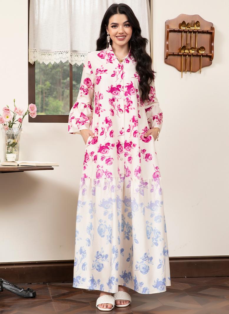 فرايديين لبس العطلة طوق على شكل V زهري المتدرج جيب الربط الاكمام المتوهجة فساتين طويلة روز - Image 1