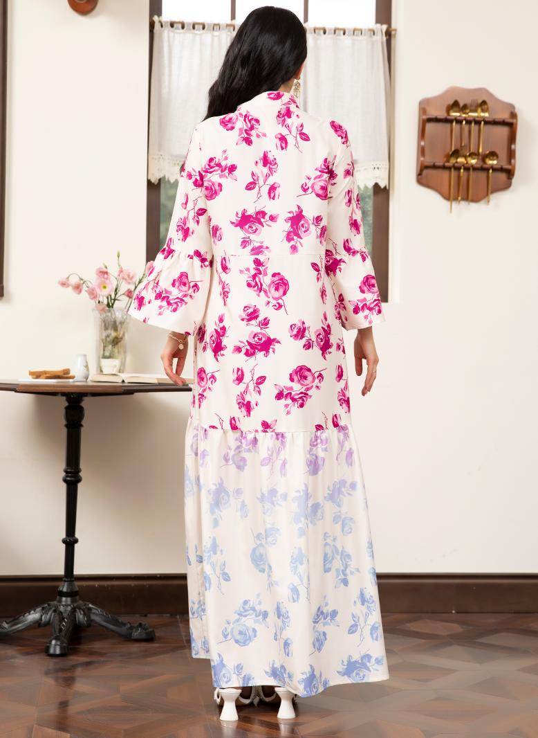 فرايديين لبس العطلة طوق على شكل V زهري المتدرج جيب الربط الاكمام المتوهجة فساتين طويلة روز - Image 2