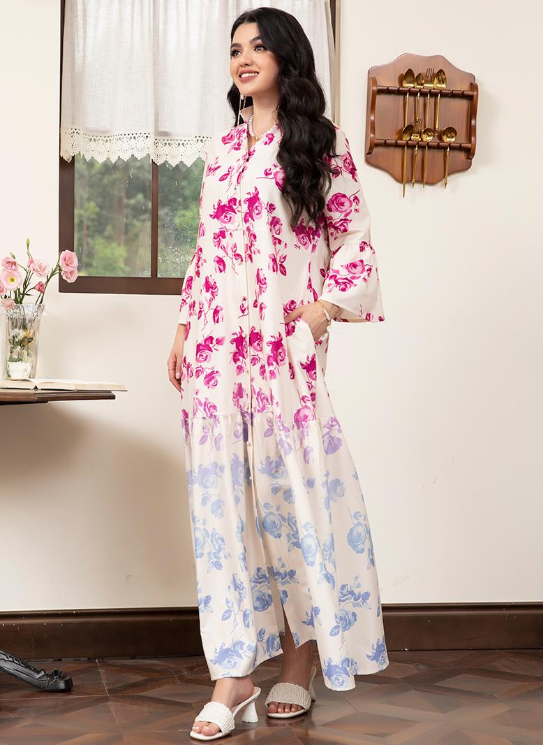 فرايديين لبس العطلة طوق على شكل V زهري المتدرج جيب الربط الاكمام المتوهجة فساتين طويلة روز - Image 3