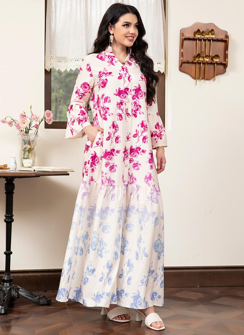 فرايديين لبس العطلة طوق على شكل V زهري المتدرج جيب الربط الاكمام المتوهجة فساتين طويلة روز - Image 4