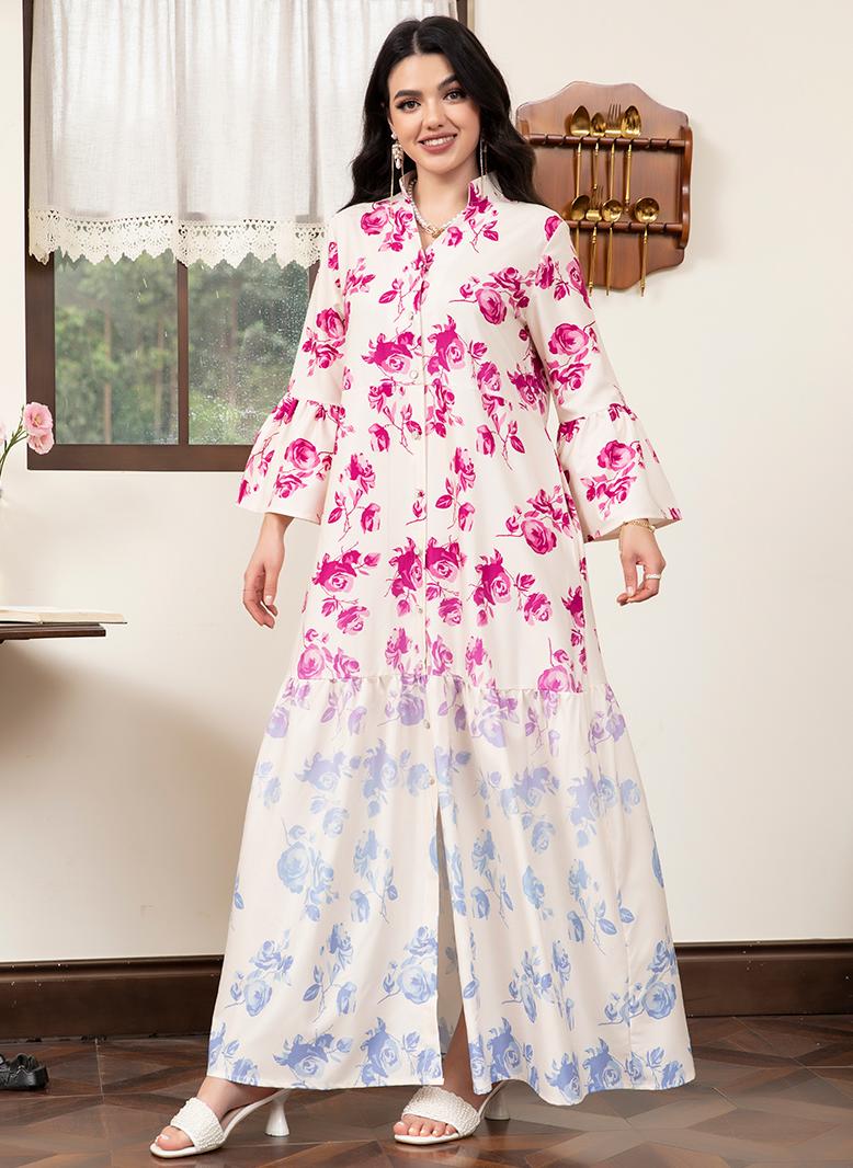 فرايديين لبس العطلة طوق على شكل V زهري المتدرج جيب الربط الاكمام المتوهجة فساتين طويلة روز - Image 5