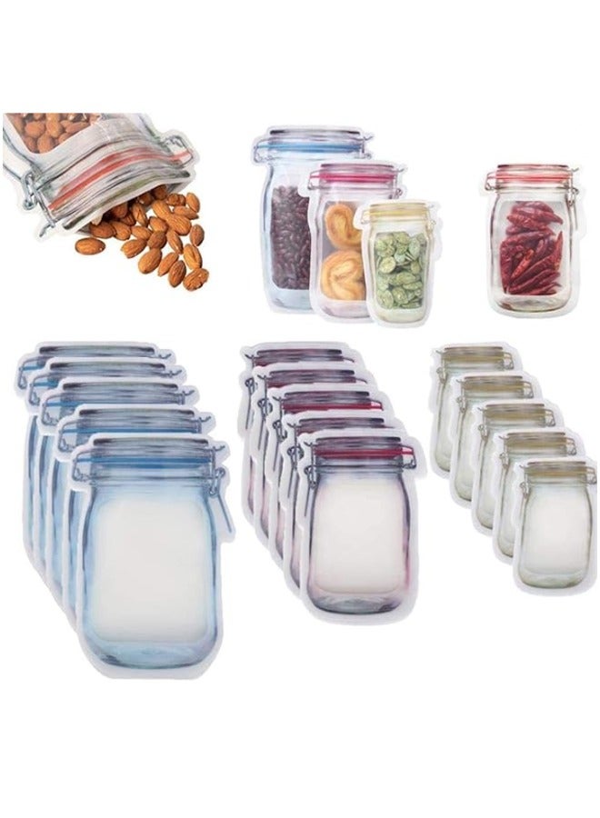 Bukela Mason Jar Zipper Bags, Food Storage Snack Sandwich Zipper Bags, Reusable Airtight Seal Food Storage Bags, Leak-Proof Food Saver Bags for Travel Camping and Kids - 3 Colors, 20 Pack  - Image 1