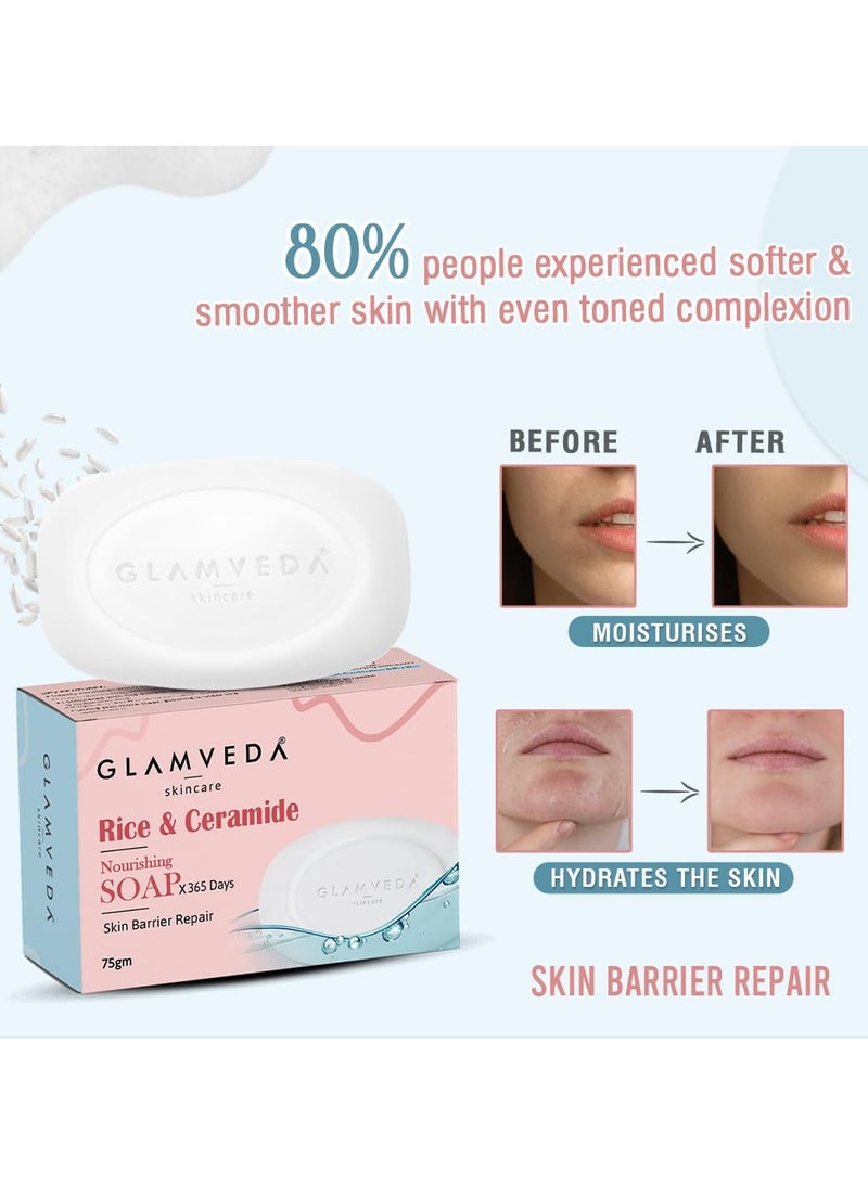 Glamveda rice and ceramide skin brightening soap with hyaluronic acid deeply nourishes moisturises soft smooth skin for men and women 75gm - Image 2