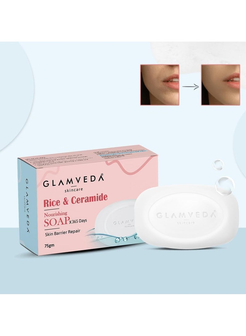 Glamveda rice and ceramide skin brightening soap with hyaluronic acid deeply nourishes moisturises soft smooth skin for men and women 75gm - Image 1