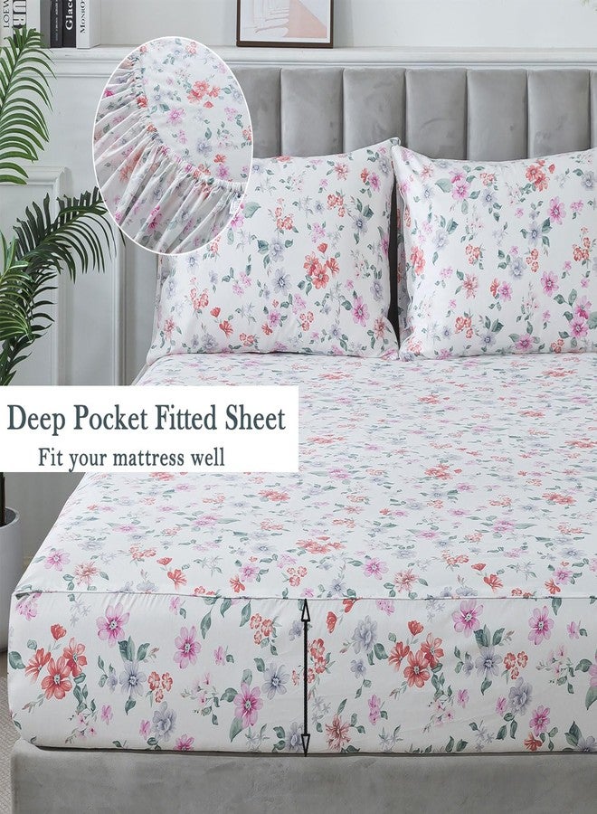 فادفاي طقم ملاءات سرير FADFAY كينج، قطن بيركال، ملاءات سرير مزخرفة بنقوش زهور، ملاءة مثبتة بجيب عميق، طقم سرير فاخر مطبوع عليه زهور مجد الصباح، مناسب لجميع الفصول، فائق النعومة، مريح وجيد التهوية، 4 قطع - Image 3