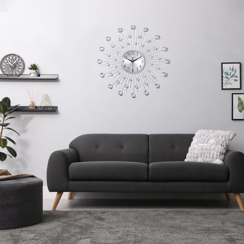 Lafocuse 23 Inch Silver Large Wall Clock for Living Room DÃ©cor, Modern Starburst Decorative Wall Clocks with Bling Crystal Accents, Metal - Image 4