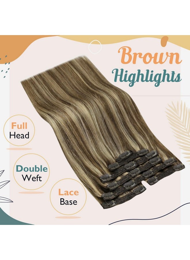 Ve Sunny Clip In Hair Extensions Human Hair Brown Human Hair Clip In Extensions Highlights Human Hair Extensions Clip Ins Dark Brown With Caramel Brown Double Weft 22Inch 7Pcs 120G  - Image 2