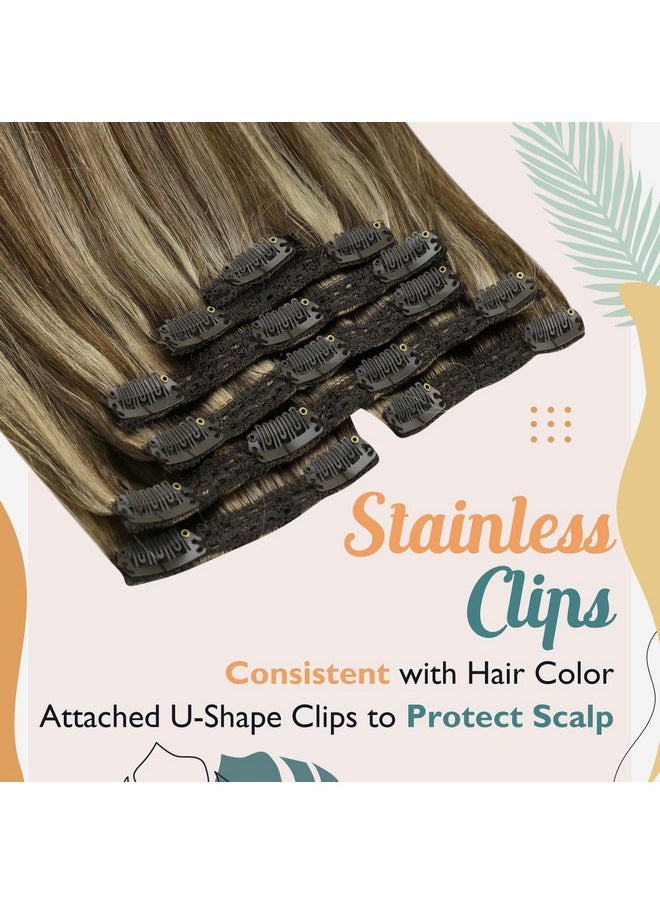 Ve Sunny Clip In Hair Extensions Human Hair Brown Human Hair Clip In Extensions Highlights Human Hair Extensions Clip Ins Dark Brown With Caramel Brown Double Weft 22Inch 7Pcs 120G  - Image 4