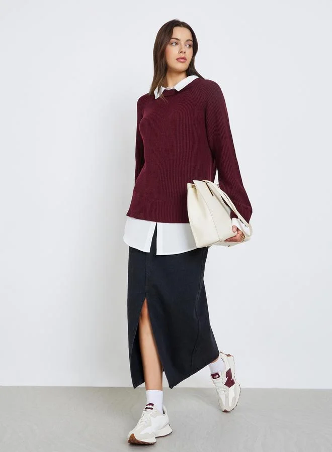 Styli Burgundy Knitted Sweater with Shirt