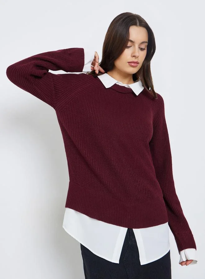 Styli Burgundy Knitted Sweater with Shirt