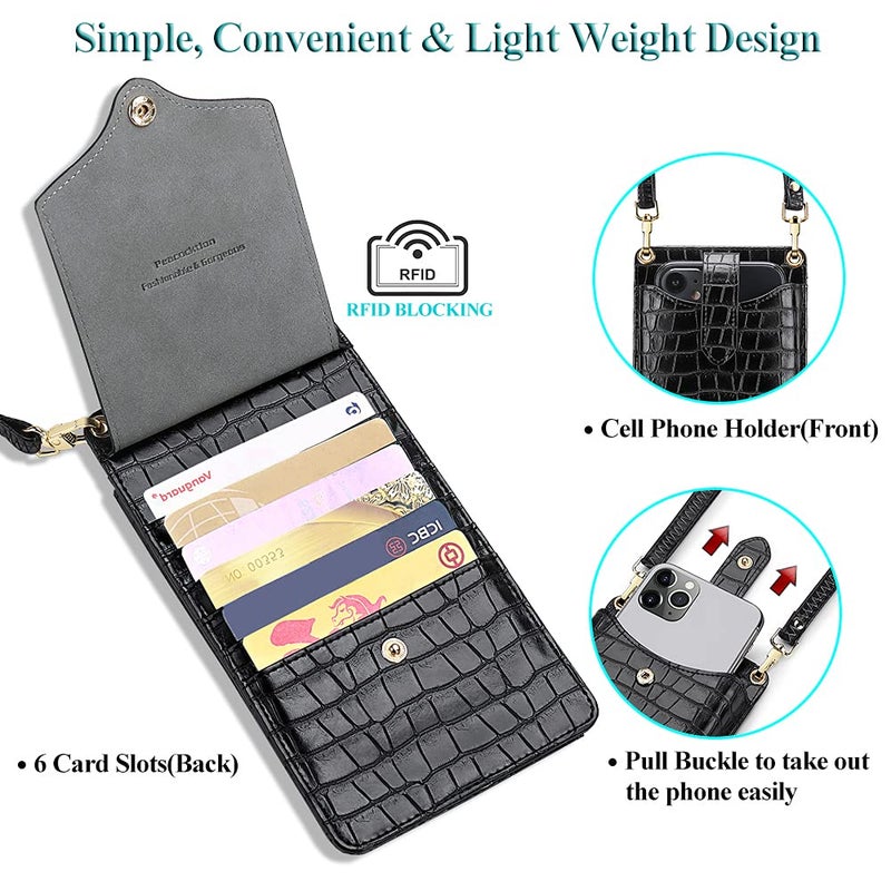 Peacocktion Black Mini Cross Body Bag for Woman, RFID Cell Phone Leather Purse Crossbody with Card Slot, Trendy Card Holder Wallet - Image 3