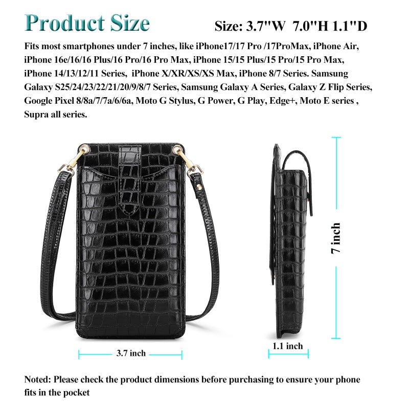 Peacocktion Black Mini Cross Body Bag for Woman, RFID Cell Phone Leather Purse Crossbody with Card Slot, Trendy Card Holder Wallet - Image 4