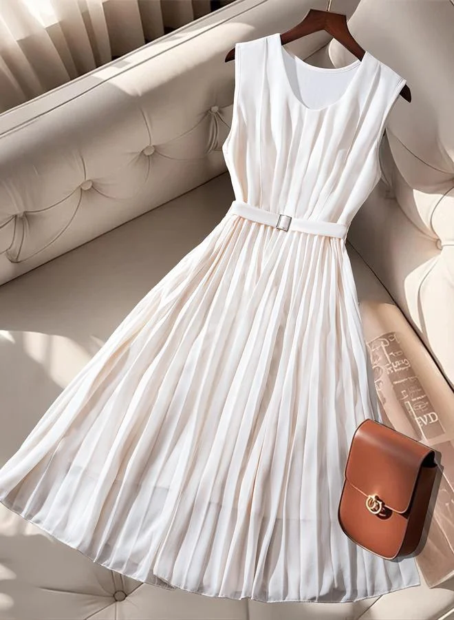 Take Two Off White Pleated A-Line Midi Dress