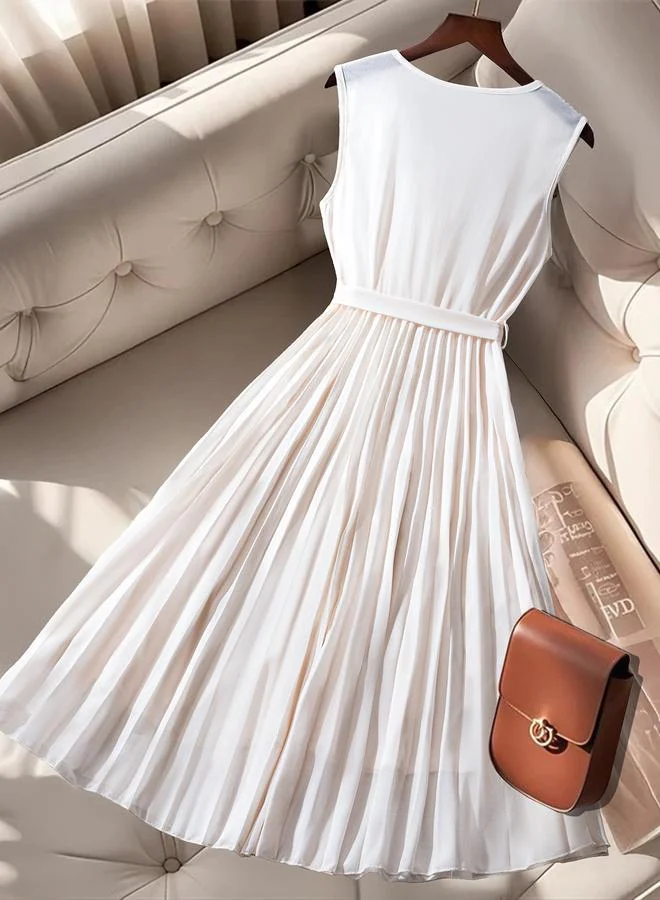 Take Two Off White Pleated A-Line Midi Dress