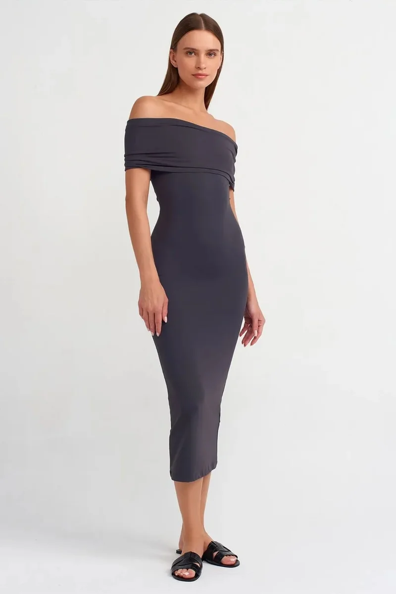 Dilvin Navy Blue DILVIN Off-Shoulder Bodycon Midi Dress for Women | Best Price UAE
