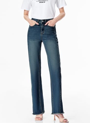 Sidefeel Women's High Waisted Baggy Jeans Stretchy Raw Hem Straight Leg Denim Pants Size 6 Vintage Blue - Image 3