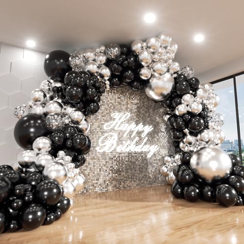 ADOINBY Black and Silver Balloon Arch Kit, 140Pcs Different Sizes inch Black Metallic Silver Balloons and Confetti Party Balloon Garland Kit for Birthday, Wedding, Graduation, Anniversary Decorations - Image 1