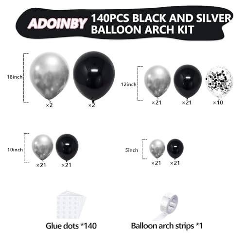 ADOINBY Black and Silver Balloon Arch Kit, 140Pcs Different Sizes inch Black Metallic Silver Balloons and Confetti Party Balloon Garland Kit for Birthday, Wedding, Graduation, Anniversary Decorations - Image 2