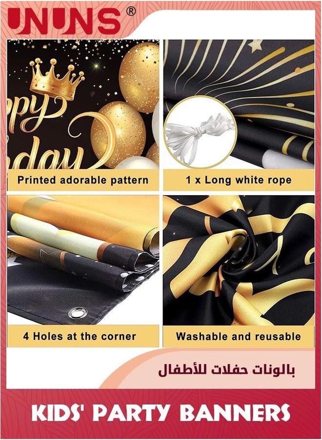 UNUNS Happy Birthday Backdrop Banner,2 Pcs Black Gold Cloth,Photography Booth Decor,Birthday Balloon Star Poster Wall Decor,Party Supplies For Kids Women Men,180x110cm+300x50cm - Image 3