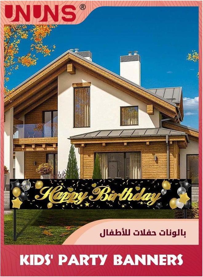 UNUNS Happy Birthday Backdrop Banner,2 Pcs Black Gold Cloth,Photography Booth Decor,Birthday Balloon Star Poster Wall Decor,Party Supplies For Kids Women Men,180x110cm+300x50cm - Image 4