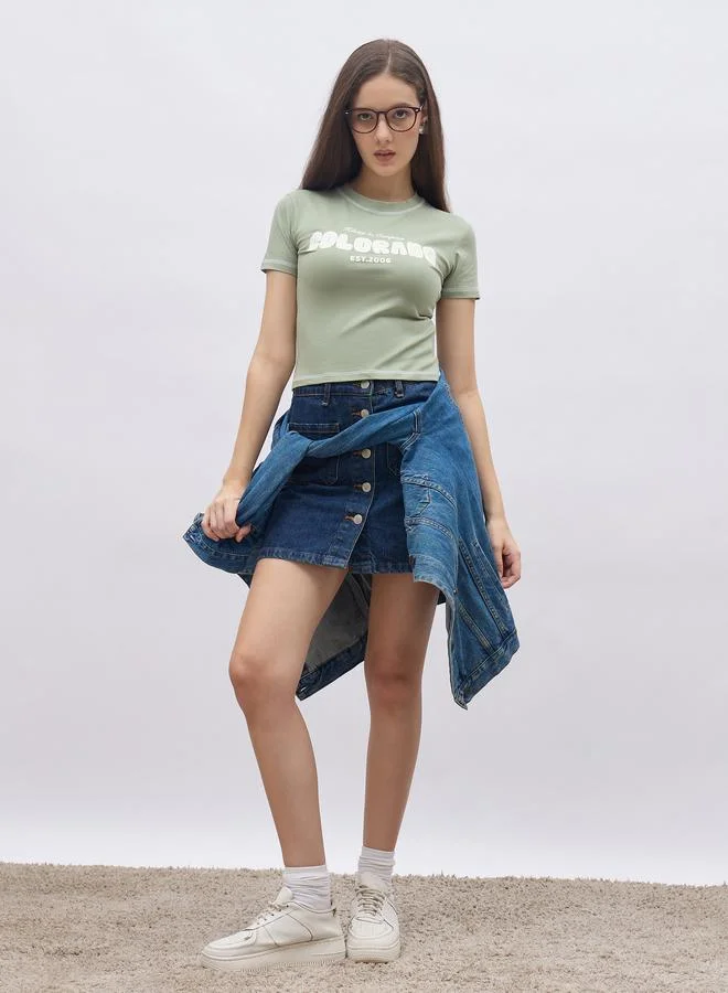 Styli Styli Green Slogan Print T-Shirt with Overlock Seam