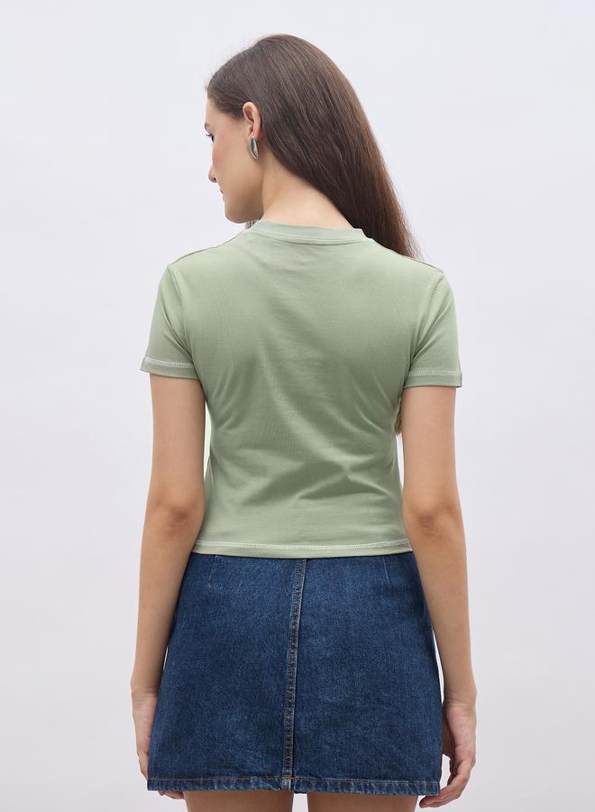 Styli Green Slogan Print T-Shirt with Overlock Seam - Image 5