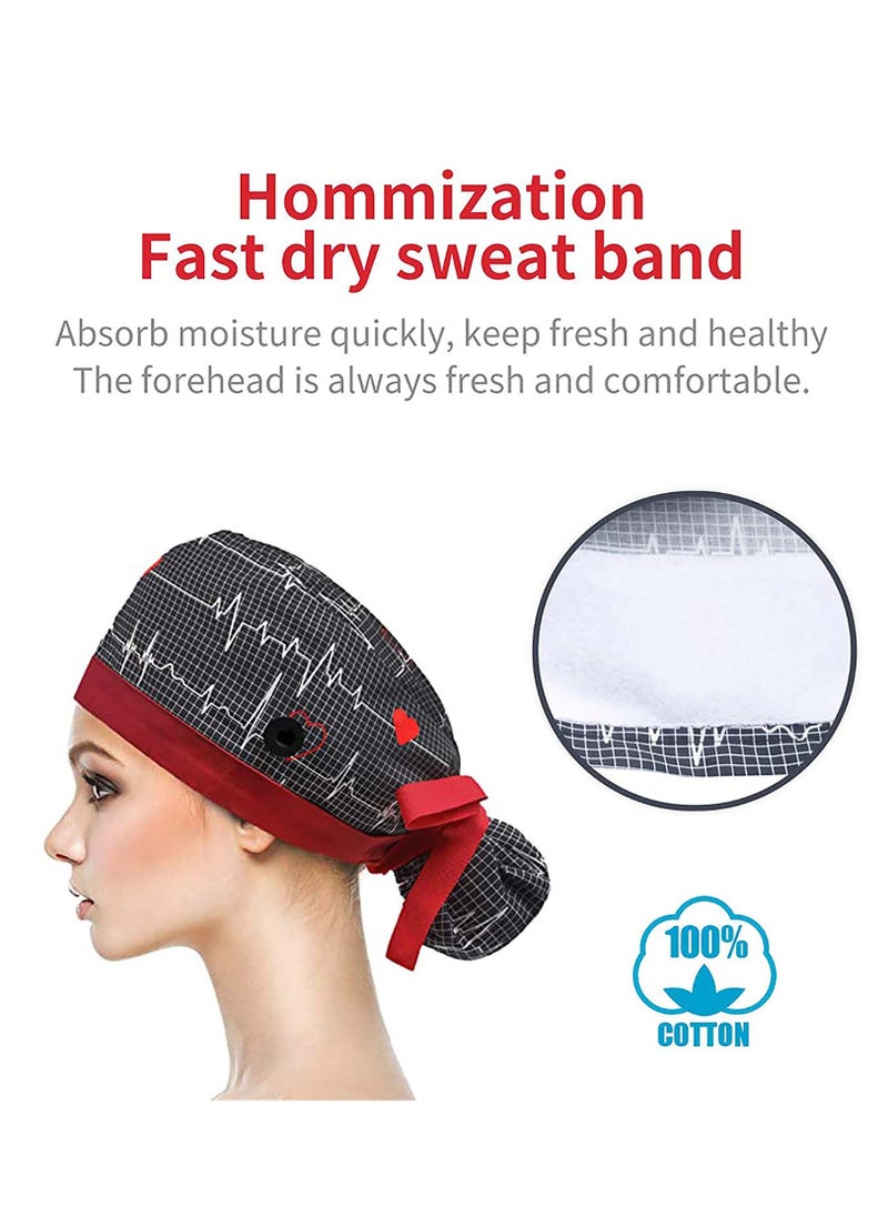 Working Cap, Adjustable Cotton Working Hats, Sweatband Cotton Ponytail Holder, with Buttons and Sweatband, Long Hair Head Covers Shower Caps, Tie Back Hats for Women & Men, One Size