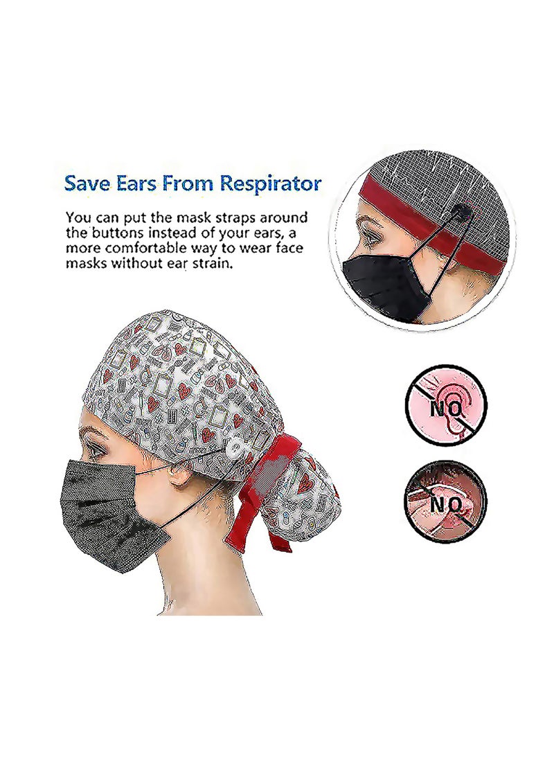 Working Cap, Adjustable Cotton Working Hats, Sweatband Cotton Ponytail Holder, with Buttons and Sweatband, Long Hair Head Covers Shower Caps, Tie Back Hats for Women & Men, One Size