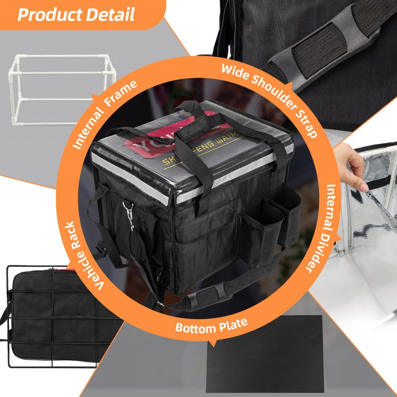 TooCust Insulated Bags for Food Delivery with Cup Holder and Fixed Base 17.3" x 13.5" x 12.5", Support Frame & Hard Bottom Plate, Waterproof Commercial Insulated Food Delivery Bag Drink Carriers for Doordash - Image 3