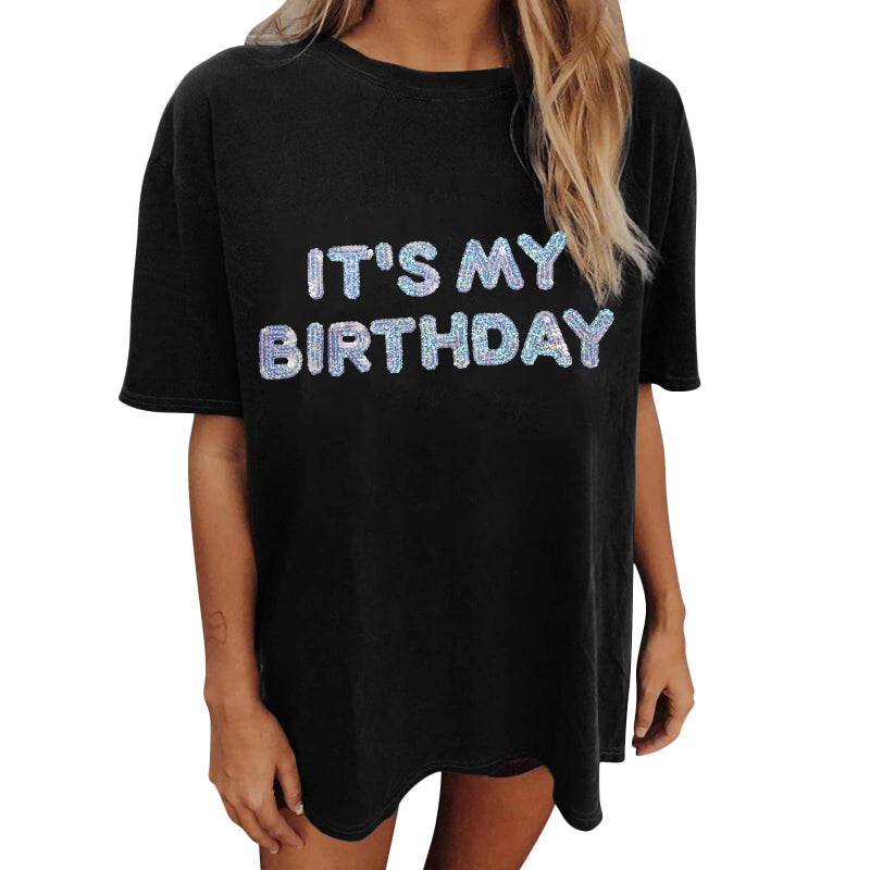 MYHALF Women Oversized Sequin Birthday Shirt: It's My Birthday Graphic Tees Funny Sparkling Girl Short Sleeve Crewneck Outfit Black - Image 4