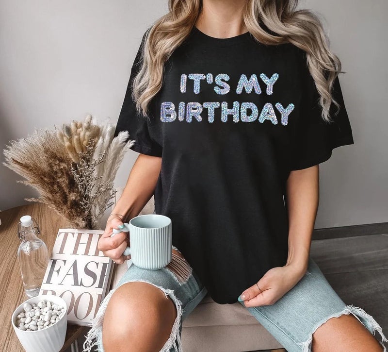 MYHALF Women Oversized Sequin Birthday Shirt: It's My Birthday Graphic Tees Funny Sparkling Girl Short Sleeve Crewneck Outfit Black - Image 3