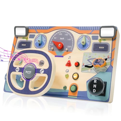 ZJEFUNS Montessori Toddler Toys Busy Board with Led Light Interactive Wooden Dashboard Steering Wheel for 1 2 3 4 Year Old Sensory Toys Toddler Activities for Boys Girls Gift - Image 1